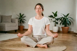 Femme en position de méditation sur un tapis naturel, se préparant à un soin énergétique dans un intérieur minimaliste