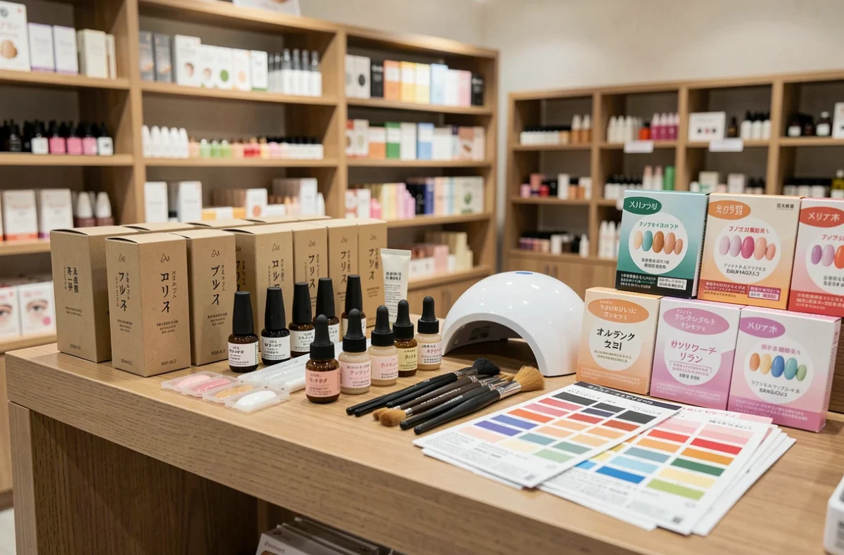 Rayon de produits gel japonais et gel ordinaire dans une boutique de cosmétiques professionnelle
