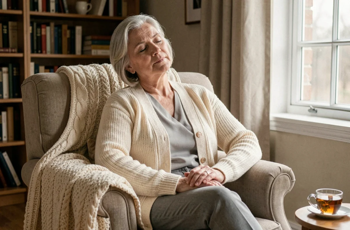 Femme âgée aux cheveux argentés se reposant sereinement dans un fauteuil confortable, symbolisant les bienfaits du sommeil réparateur sur la beauté