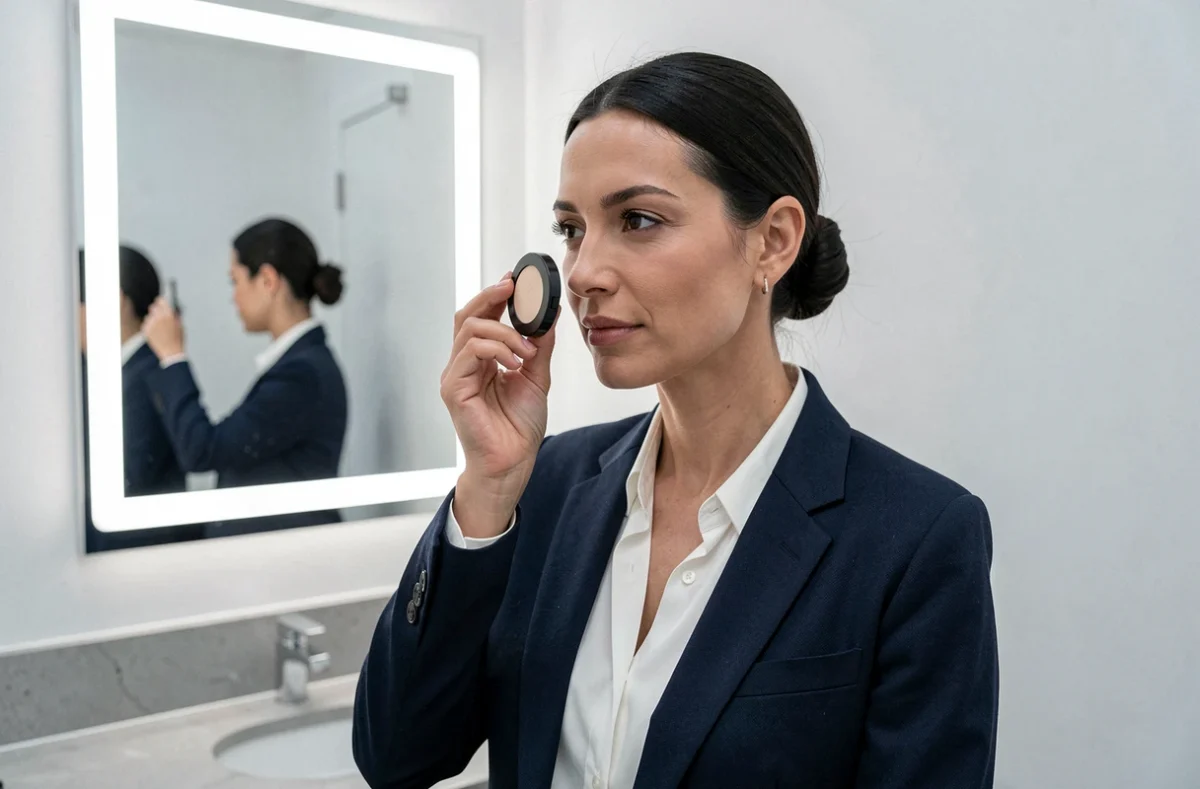 Femme retouchant son fond de teint poudre dans les toilettes d'un bureau pendant sa journée de travail