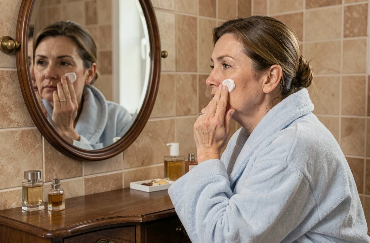 Femme d'une quarantaine d'années appliquant une crème de nuit devant un miroir de coiffeuse vintage, rituel de beauté avant le coucher