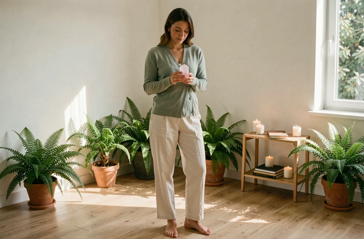 Jeune femme tenant un cristal de quartz rose, rituel de préparation avant un soin énergétique dans un espace yoga naturel