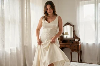 Femme portant une robe en soie ivoire qui lisse le tissu pour éviter qu'il ne colle au corps