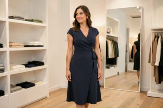 Femme portant une robe portefeuille marine ajustée à la taille pour affiner la silhouette dans une boutique parisienne