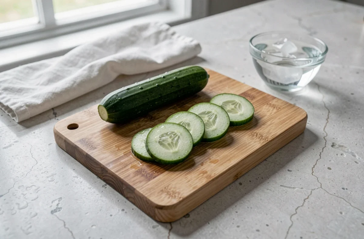 Rondelles de concombre fraîchement coupées sur une planche en bois pour soin du contour des yeux
