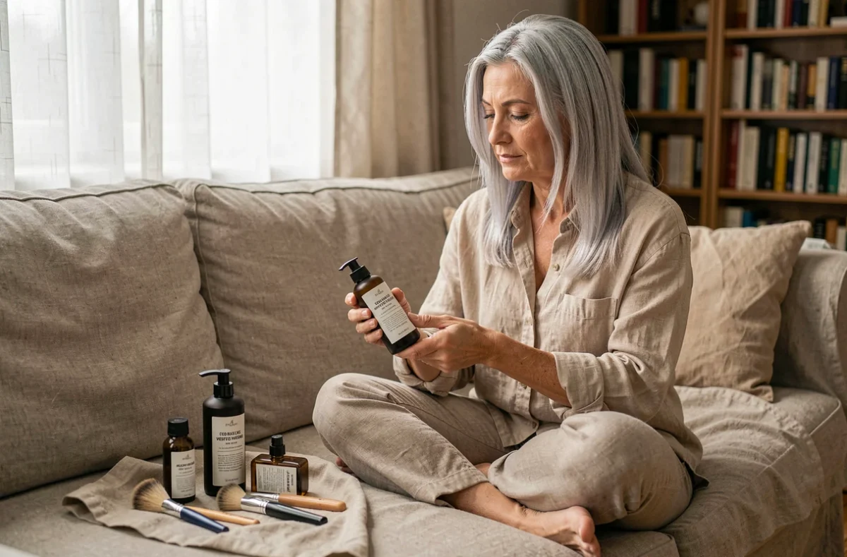Femme aux cheveux argentés lisant les étiquettes de produits capillaires lors de sa routine soin à domicile