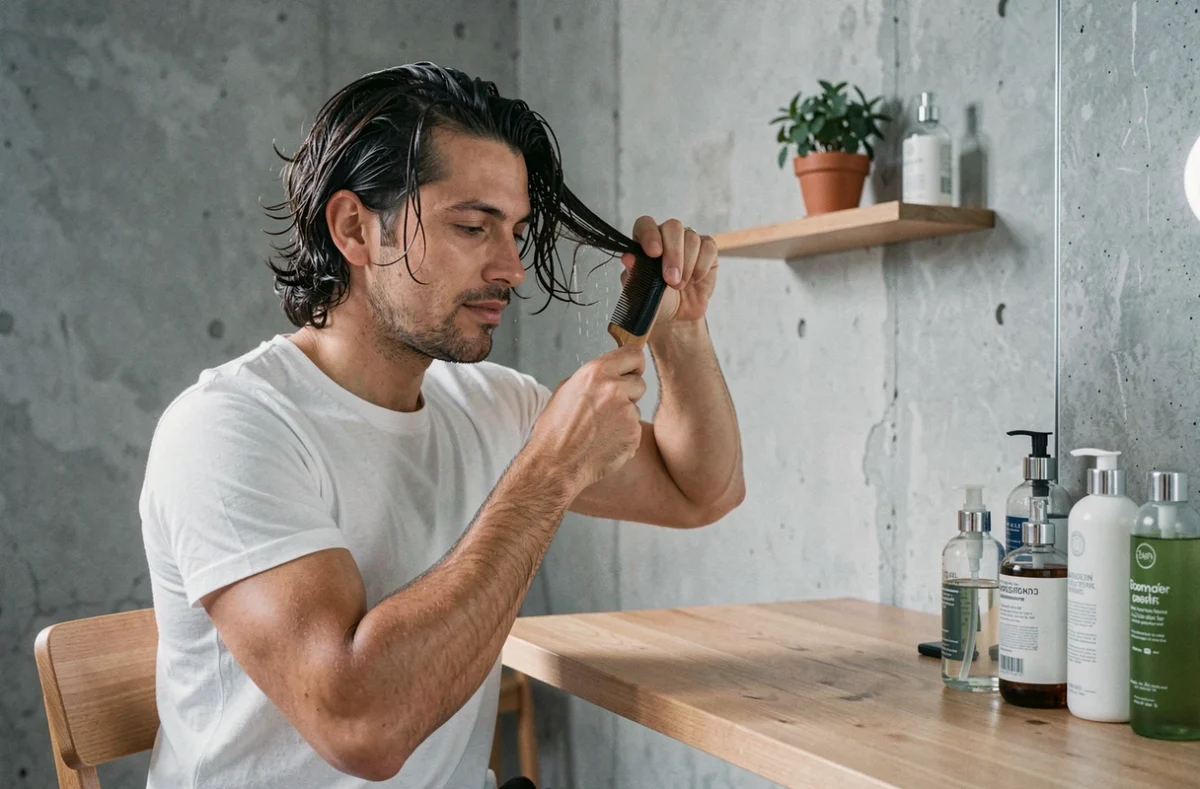 Homme intégrant un sérum capillaire dans sa routine matinale devant une coiffeuse minimaliste