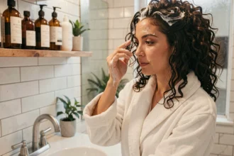 Femme appliquant un masque capillaire sur cheveux bouclés dans une salle de bain naturelle et soignée