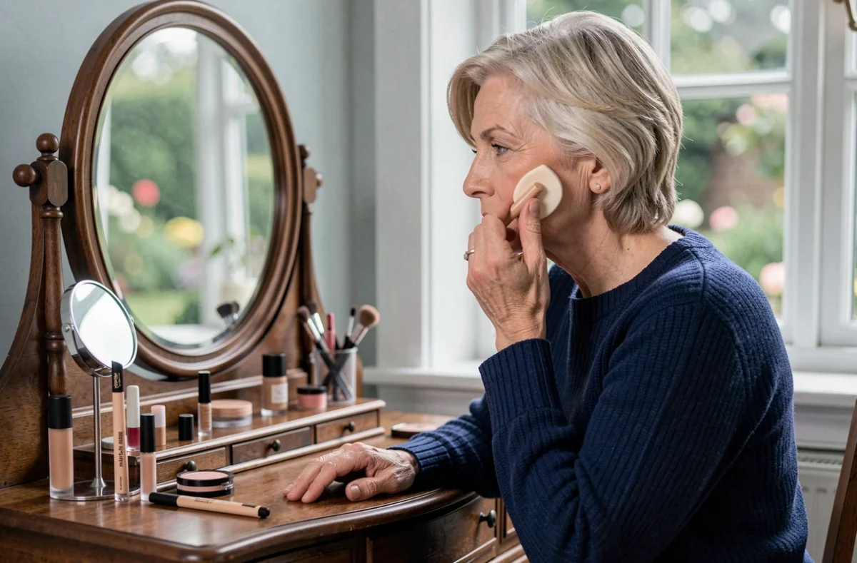 Femme élégante de 62 ans se maquillant devant une coiffeuse en bois, application de fond de teint adapté aux peaux matures