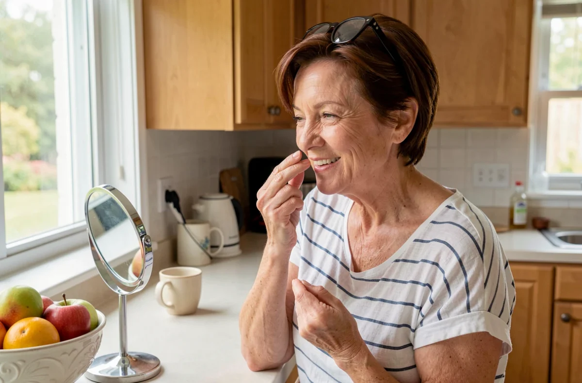 Femme de 48 ans appliquant une crème teintée du bout des doigts dans sa cuisine, routine maquillage naturel pour peaux matures