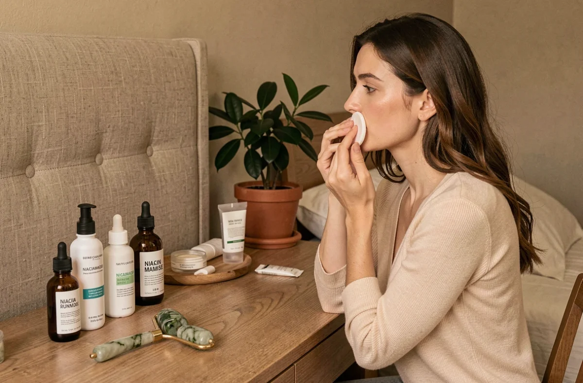 Femme appliquant un tonique sur sa peau pour resserrer les pores dilatés dans une routine beauté quotidienne