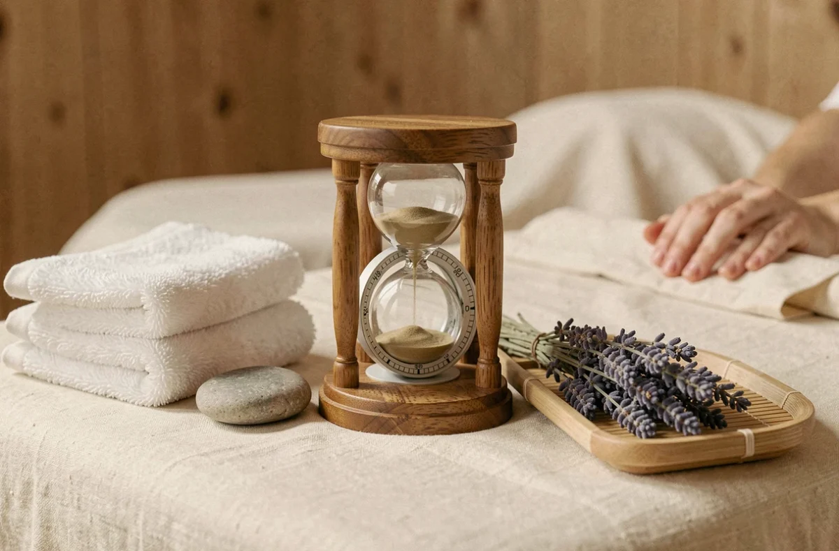 Sablier et accessoires de massage posés sur une table de soin, symbole du temps et de la durée d'une séance de massage