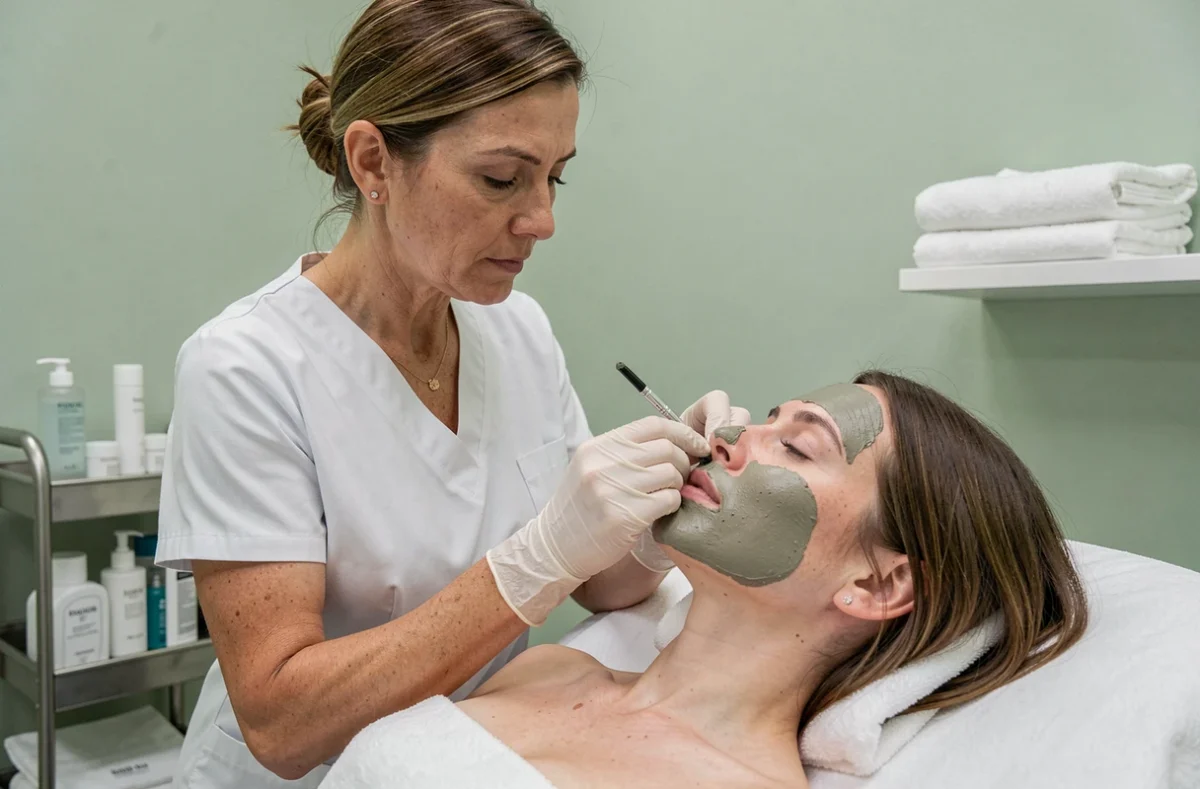 Esthéticienne appliquant un masque à l'argile sur une cliente dans un institut de soins pour pores dilatés