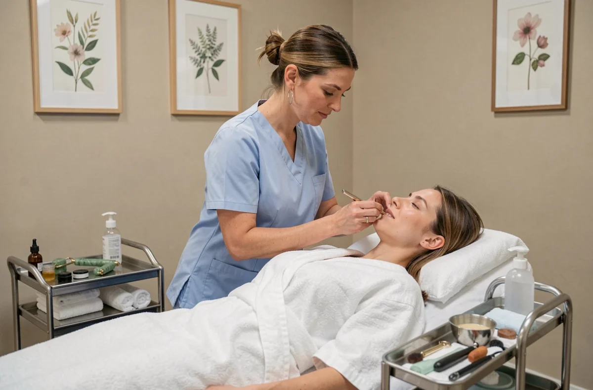 Esthéticienne réalisant un soin du visage anti-rides sur une cliente dans un institut de beauté
