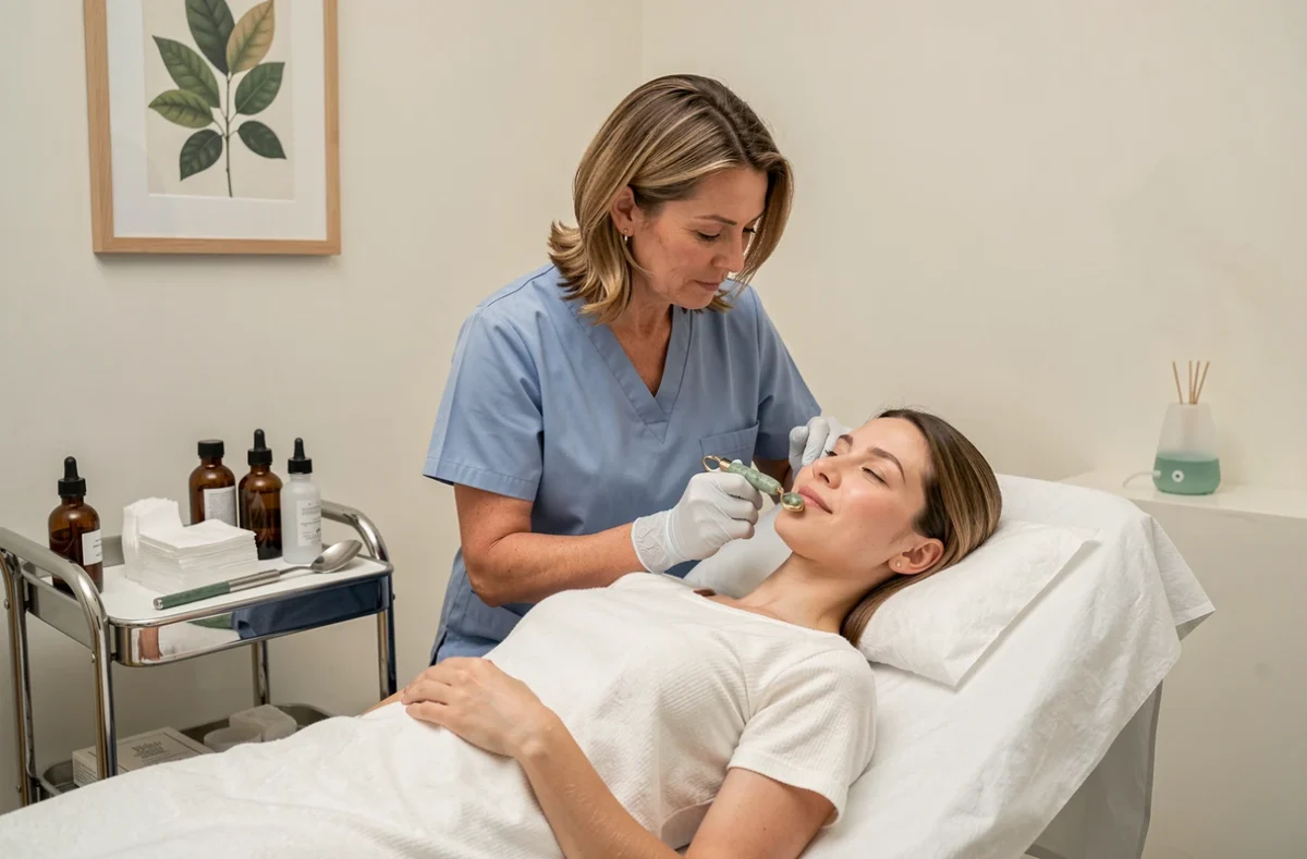 Esthéticienne réalisant un soin complet du visage avec un rouleau jade sur une cliente en institut de beauté