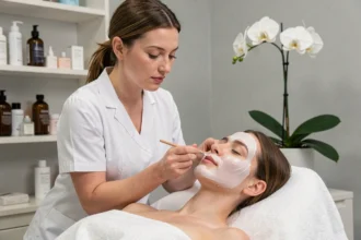 Esthéticienne appliquant un soin du visage sur une cliente dans un institut de beauté moderne