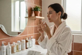 Femme appliquant un sérum sur sa peau devant un miroir de salle de bain minimaliste avec des produits de soin soigneusement disposés