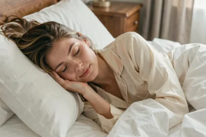 Jeune femme endormie paisiblement dans un lit luxueux avec des draps en lin blanc, illustrant le concept de sommeil de beauté