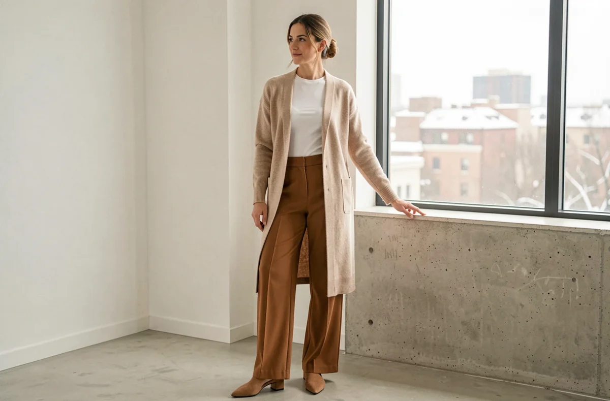 Femme en cardigan cachemire et pantalon large dans un appartement minimaliste, tenue d'hiver chic 2026