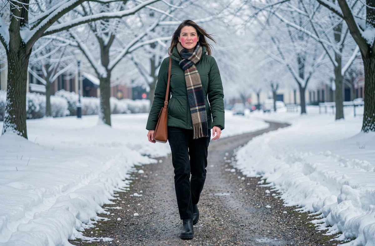 Femme en doudoune verte et pantalon velours côtelé se promenant dans un parc enneigé en hiver 2026