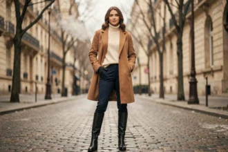 Femme élégante en manteau camel et bottes en cuir marchant dans une rue parisienne en hiver 2026
