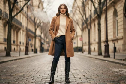 Femme élégante en manteau camel et bottes en cuir marchant dans une rue parisienne en hiver 2026