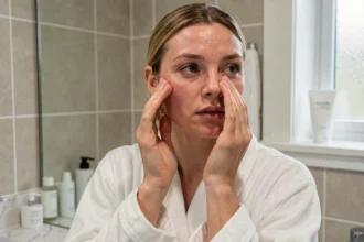 Femme examinant ses pores dilatés dans un miroir de salle de bain avec une texture de peau naturelle visible